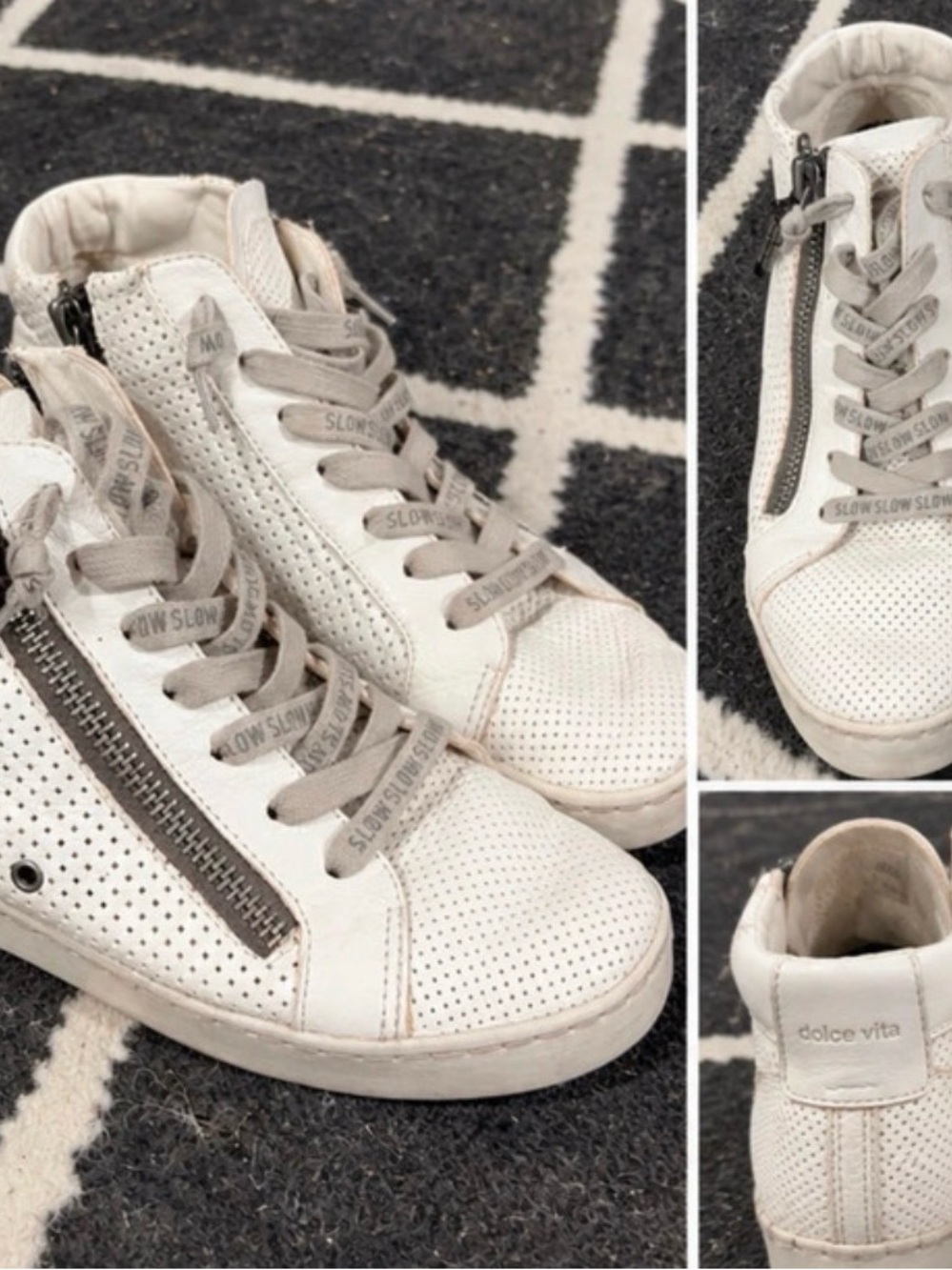 Dolce Vita White Perforated Leather High-Top Sneakers with Gray Ribbon Laces